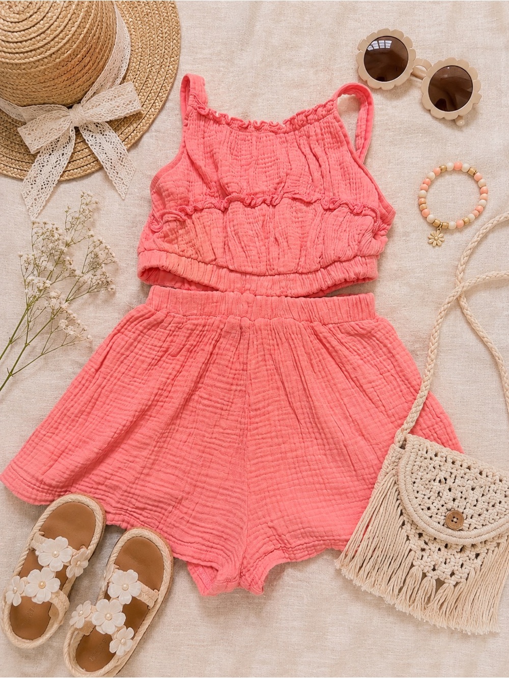 Bonnie Jean Girls Coral Pink Cotton Gauze Ruffle Romper Size 8